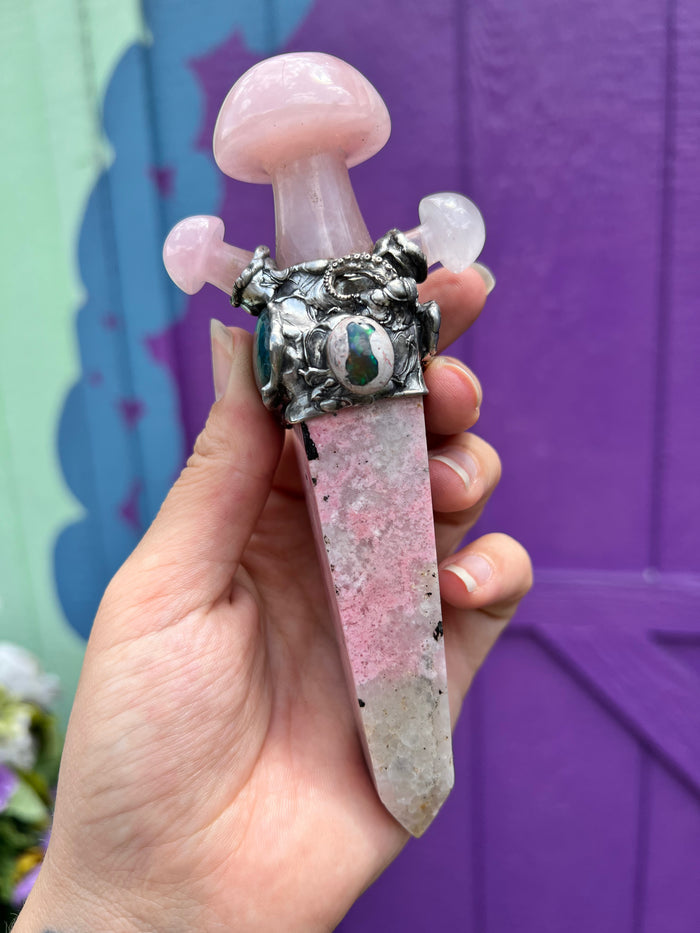 Rose Quartz and Rhodochrosite Octopus mushroom totem, spiritual tool
