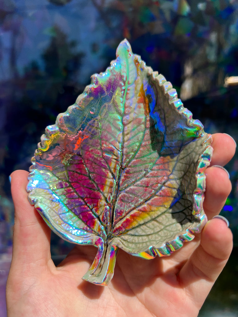Aura coated ceramic leaf OOAK