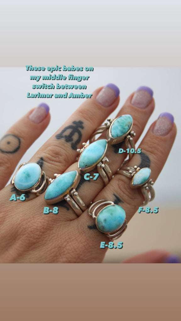 Two sided larimar/Amber rings