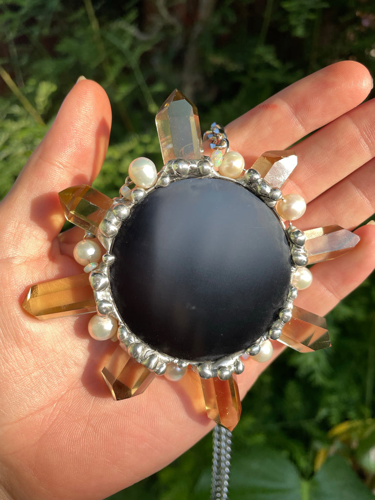 Black Obsidian Citrine Leo Sun with Welo Opal and freshwater Pearl
