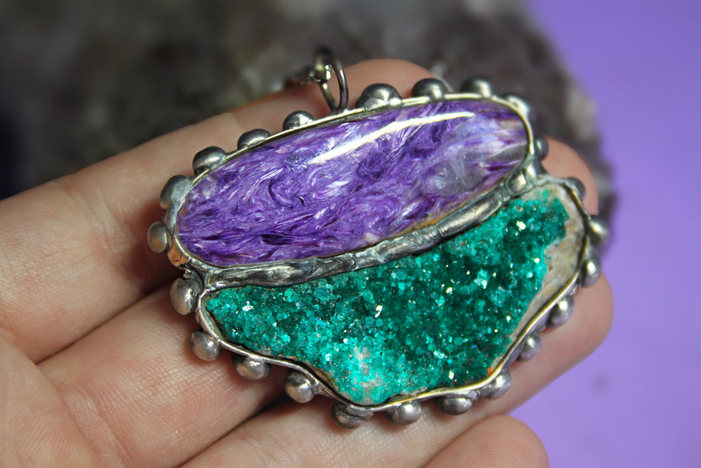 Charoite and Dioptase pendant