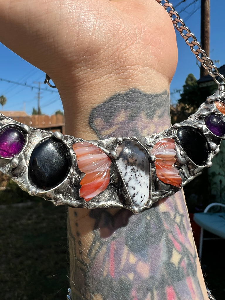 Spooky Queen Collar, dendritic opal, carnelian butterfly wings, onyx, amethyst and sunstone