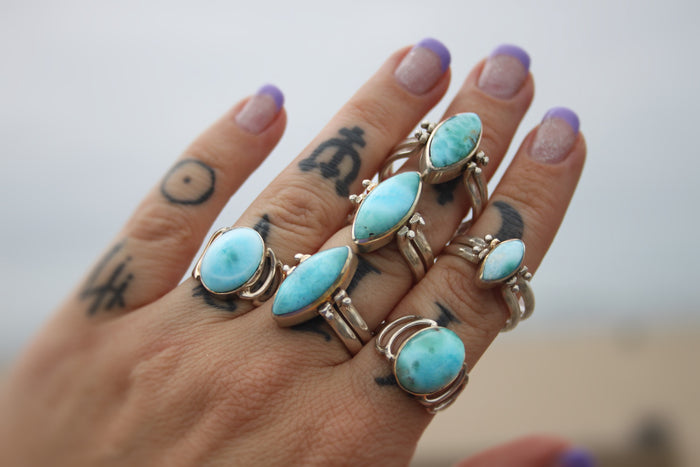 Two sided larimar/Amber rings