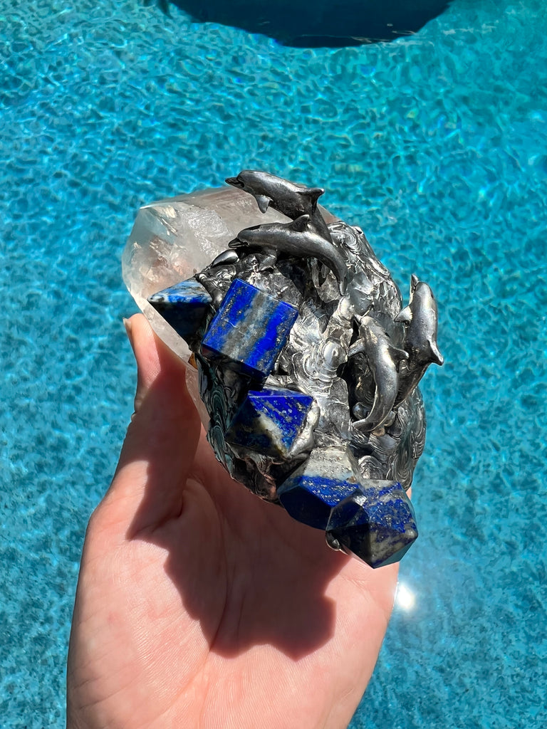 Lemurian Quartz Dolphin Spirit with Platonic solid Symbols