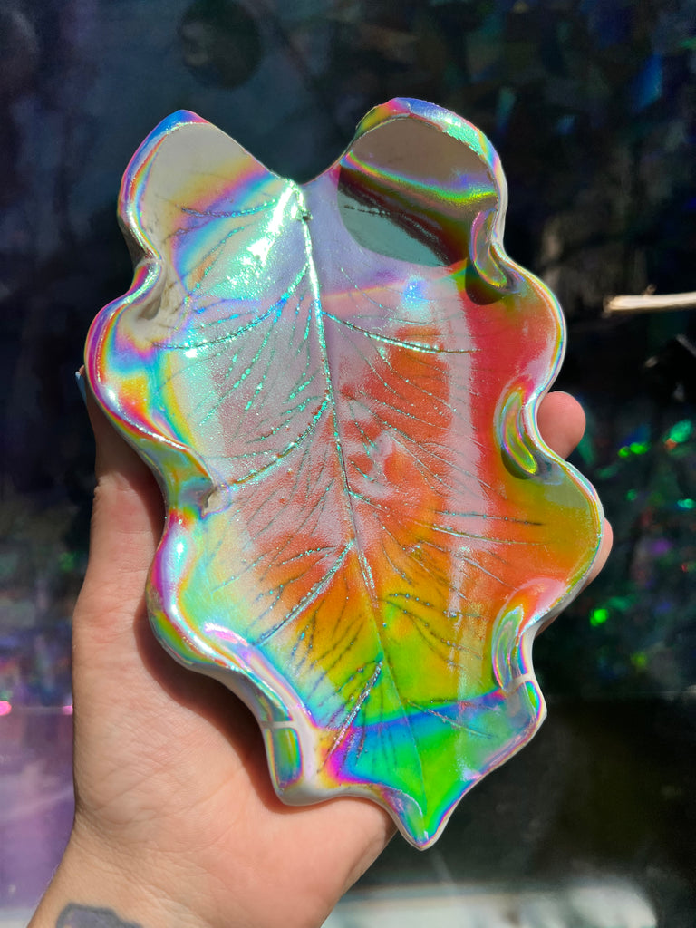 Aura coated ceramic leaf tray OOAK