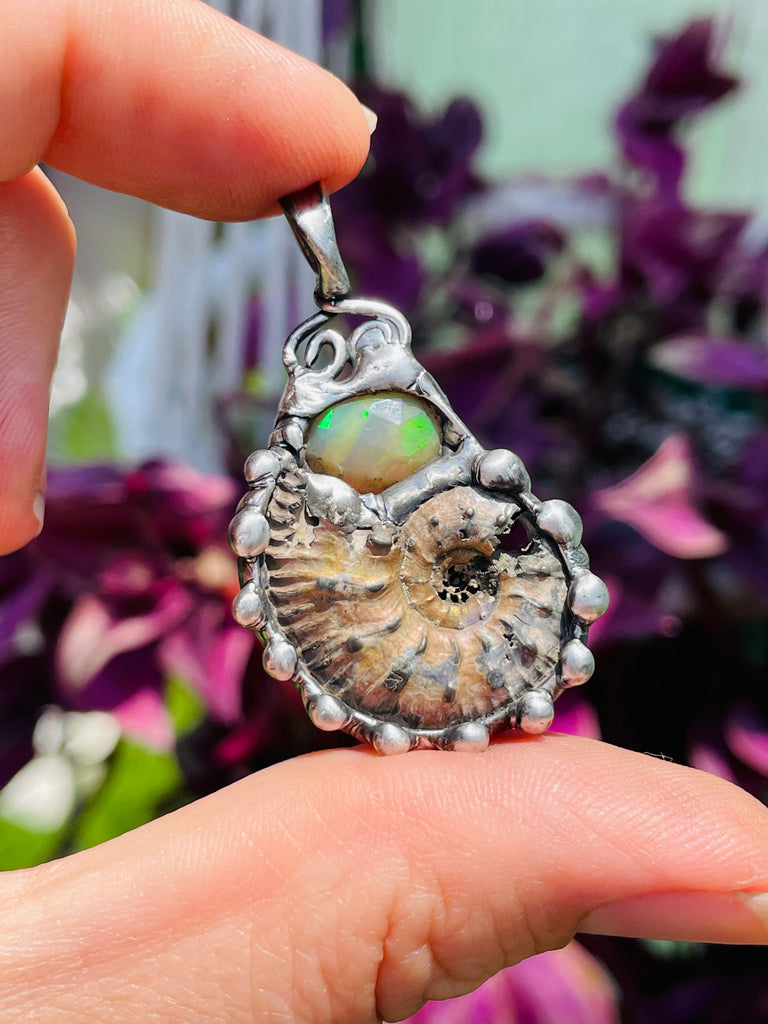Opalized Pyrite Ammonite and Faceted Welo Opa