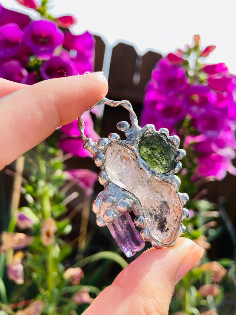 Herkimer Diamond, Moldavite and Vera Cruz Amethyst