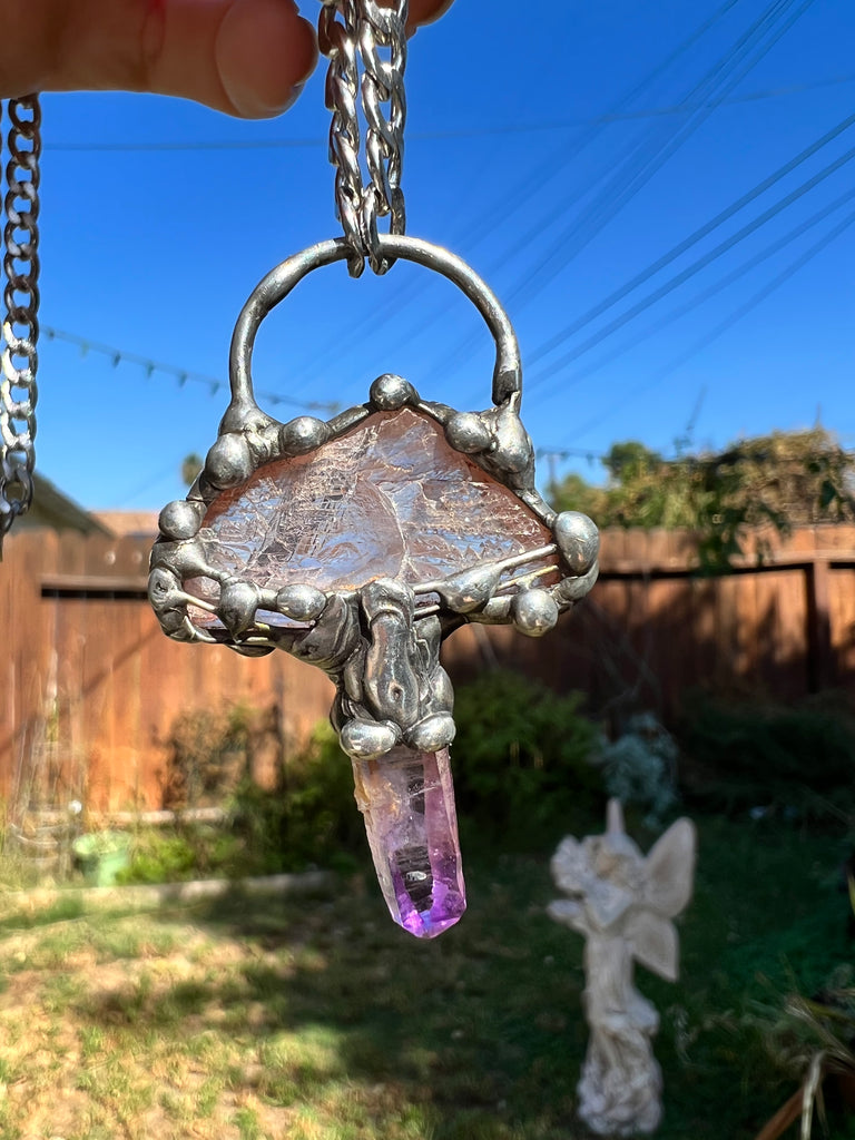 Raw Kunzite & Vera Cruz Mushroom Amulet no.2