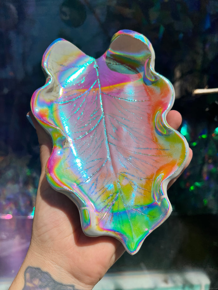Aura coated ceramic leaf tray OOAK