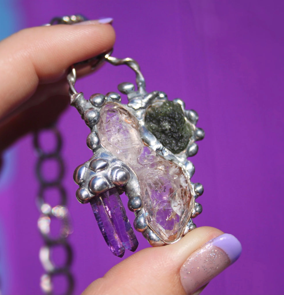 Herkimer Diamond, Moldavite and Vera Cruz Amethyst