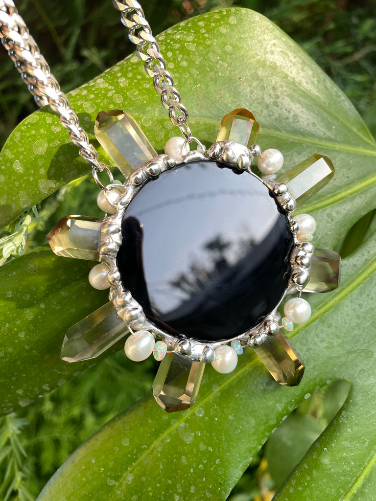 Black Obsidian Citrine Leo Sun with Welo Opal and freshwater Pearl