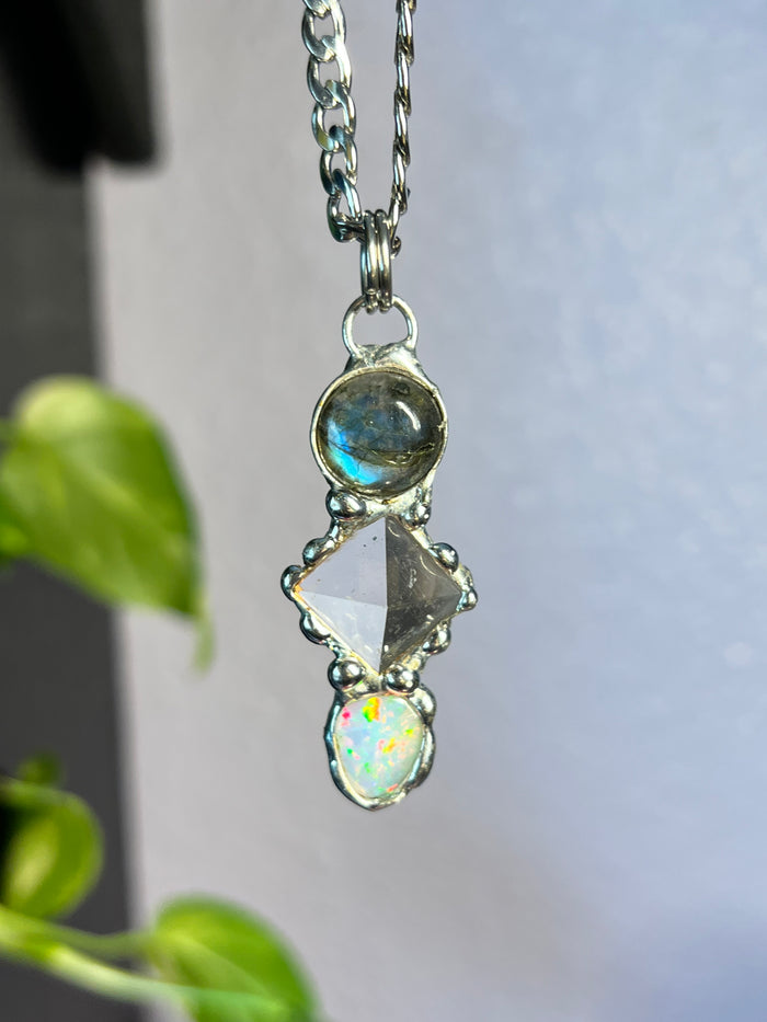 Channeled Amulet, Labradorite, Quartz Pyramid & Opal